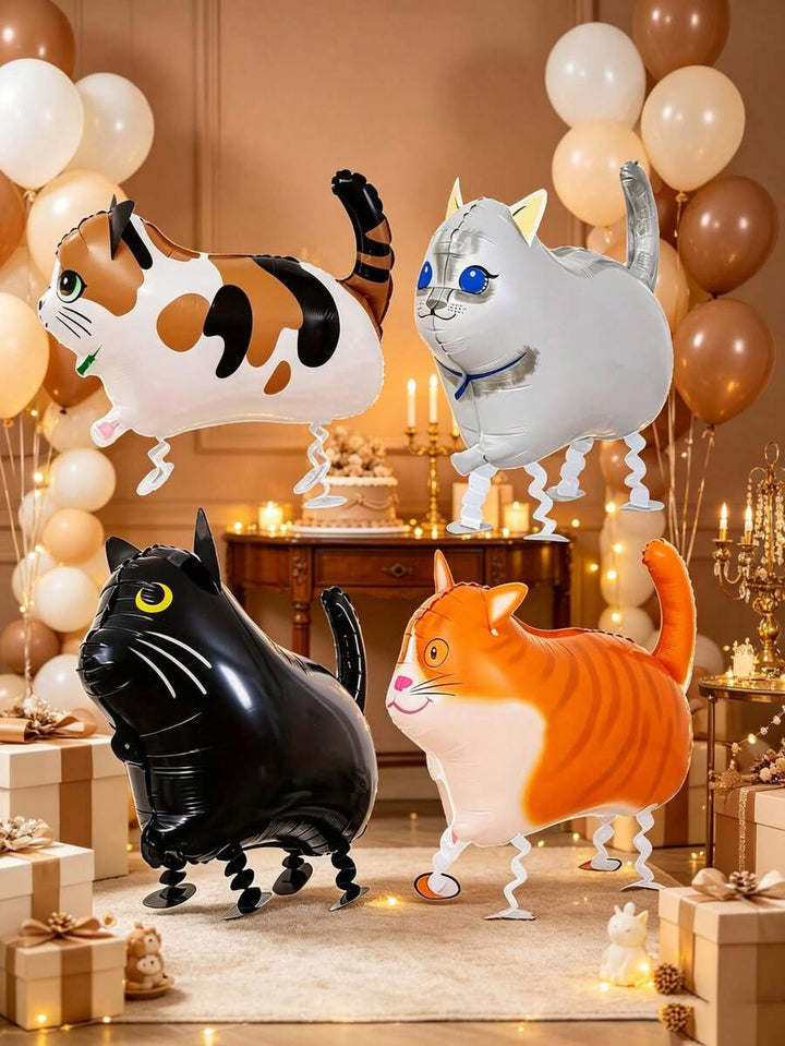 Four cat-shaped WagBalloons in a party setting; other decorations not included