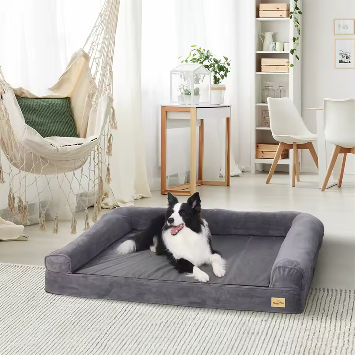 Gray rectangular dog sofa bed with three bolsters and an open front