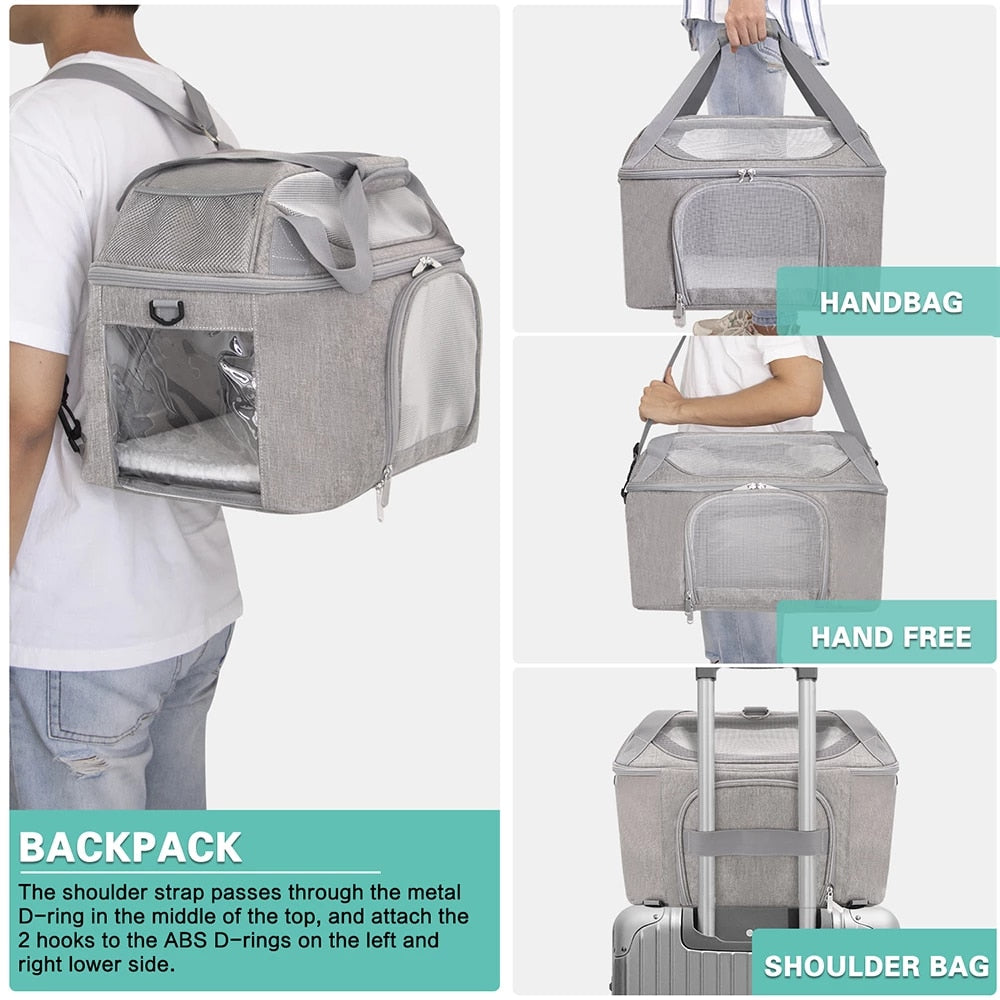 WagCarrier shown carried by hand, over the shoulder, as a backpack, and on a rolling suitcase
