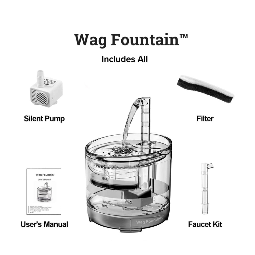 WagFountain kit with pump, filter, faucet kit, and user manual