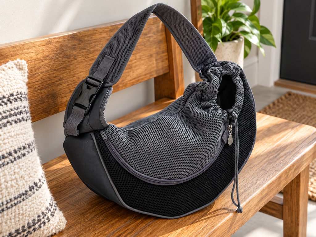 WagCrossBag mesh body, pocket and adjustable strap shown on a bench