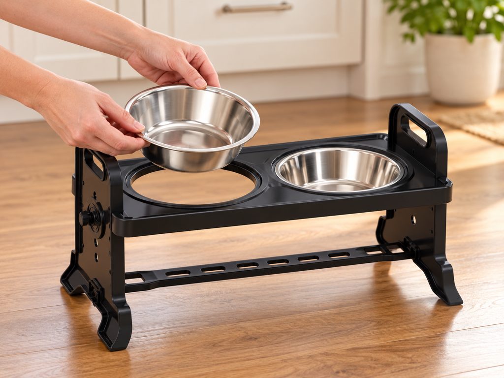 FeederPro stainless steel bowl being lifted from the rack